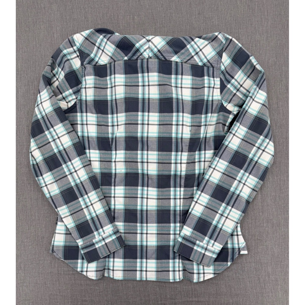 Mountain Hardwear Womens Plaid Hooded Flannel‎ Shirt Gray Teal Stretch Medium - Picture 8 of 8